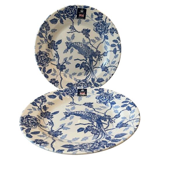 ROYAL WESSEX KUJAKU Bird 10.5” Dinner Plates Set of 2 Blue & White Pheasant NEW - Picture 4 of 8